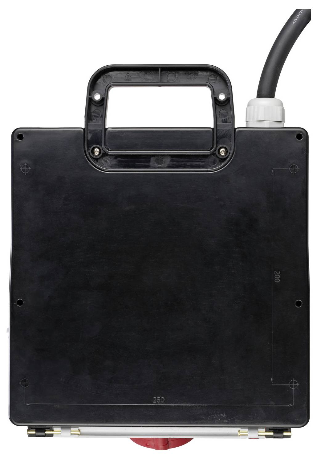 Un appareil rectangulaire noir avec une poignée sur le dessus et un port de connexion pour câble sur le côté droit.