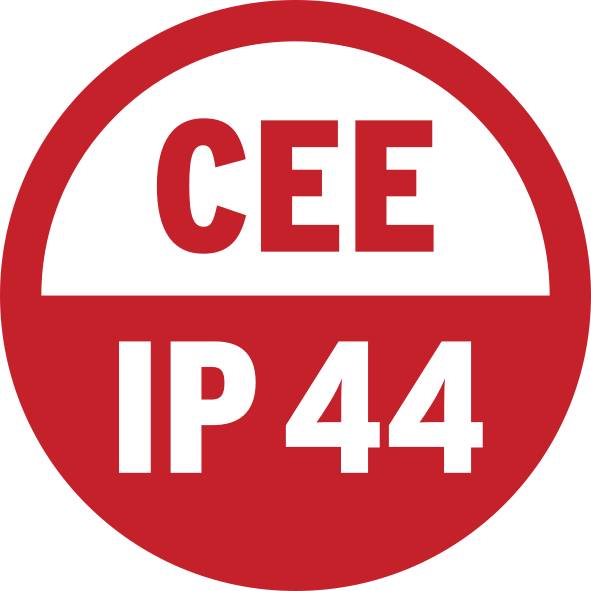 Symbole rouge portant l'inscription 'CEE IP 44', indiquant un degré de protection contre les corps étrangers solides et les éclaboussures d'eau.