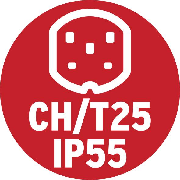 Symbole rouge avec une icône de fiche blanche, avec le texte 'CH/T25 IP55' en dessous, indiquant un type de connexion électrique.