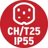 Symbole rouge avec une icône de fiche blanche, avec le texte 'CH/T25 IP55' en dessous, indiquant un type de connexion électrique.