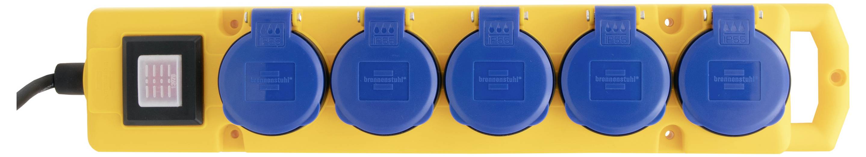Une barrette multiprises jaune avec cinq prises bleues et un câble noir avec un interrupteur sur le côté gauche.