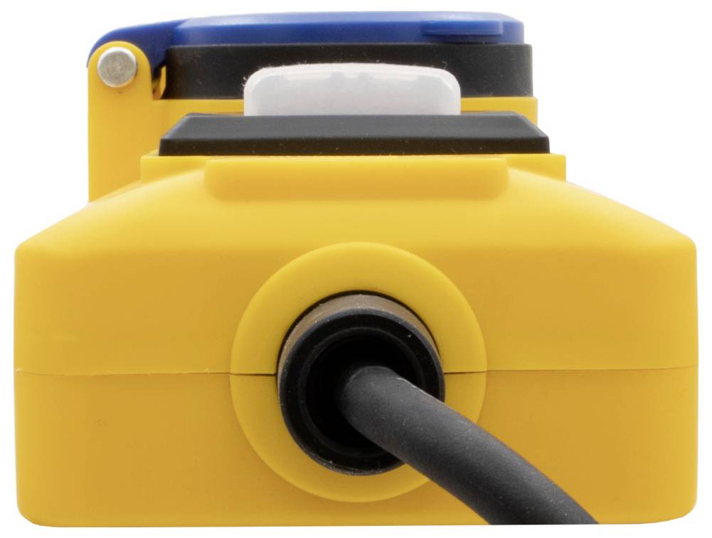 Un appareil électrique jaune avec un câble noir qui sort de l'avant. Un élément bleu est visible en haut.