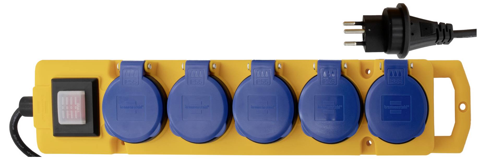 Bloc multiprise jaune avec cinq emplacements bleus et une fiche noire, adapté pour une utilisation intérieure.