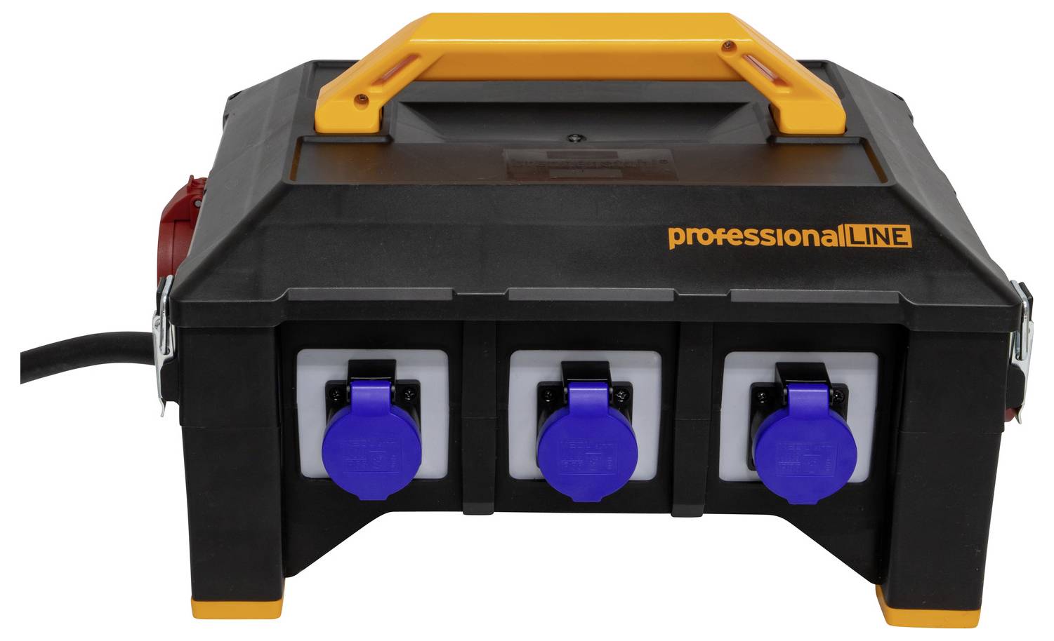 'Bloc multiprises noir portable avec trois prises bleues et une poignée orange, portant la mention "professional LINE".'