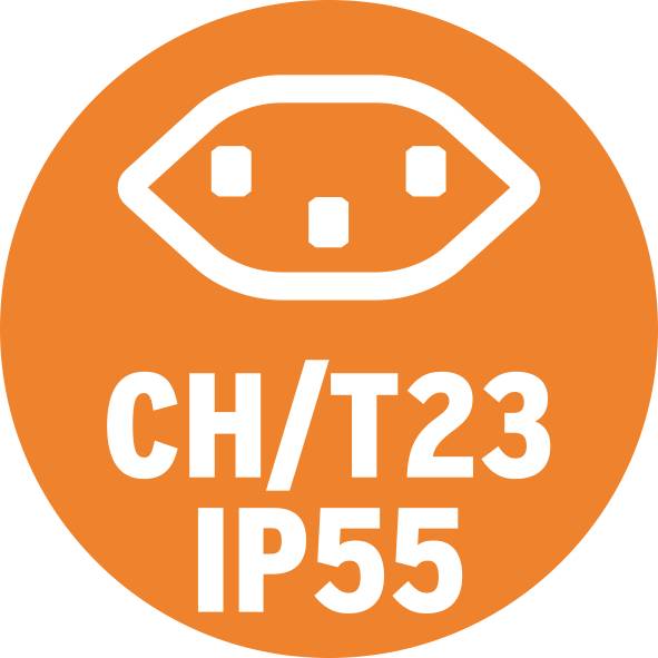 Le symbole d'Oranges montre un pictogramme de prise électrique avec l'inscription 'CH/T23 IP55', ce qui indique un type spécifique de prise de courant.