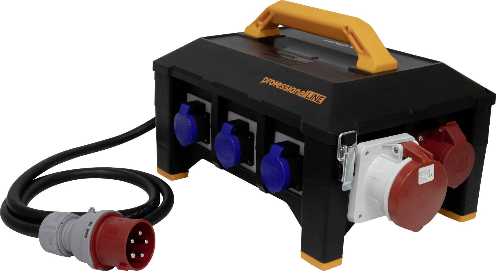 'Boîte de distribution électrique mobile noire avec quatre prises bleues et une fiche rouge, adaptée à une utilisation sur les chantiers.'