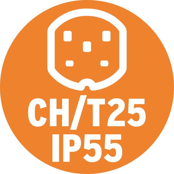 'Cercle orange avec symbole blanc d'une multiprise et texte : CH/T25, IP55.'
