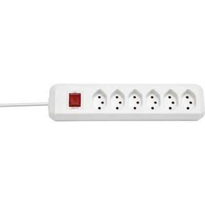 Un multiprise blanc avec six prises électriques et un interrupteur marche/arrêt rouge sur le côté gauche.
