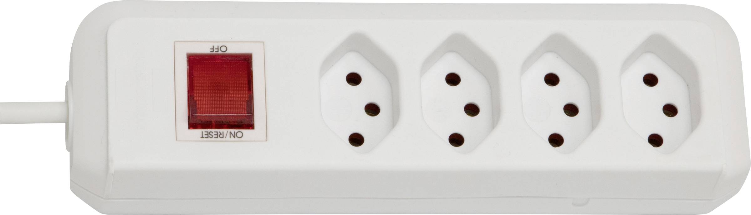 Adaptateur multiprise blanc à quatre emplacements avec interrupteur marche/arrêt rouge.