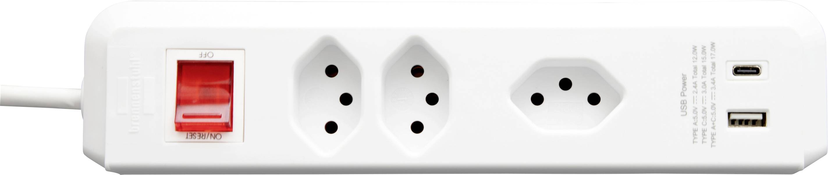 Barrette multiprises blanche avec deux prises secteur, un interrupteur marche/arrêt rouge et deux ports USB sur la droite.