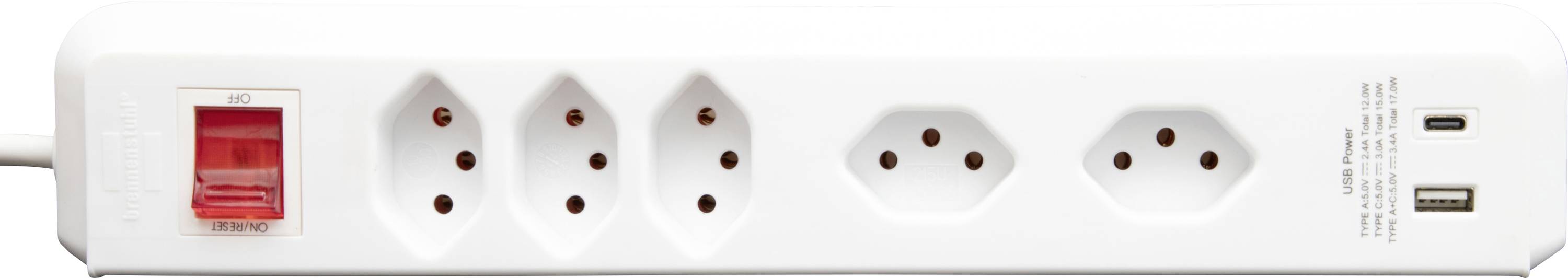 Multiprise 5 prises avec interrupteur marche/arrêt et ports USB, adaptée pour connecter simultanément plusieurs appareils.