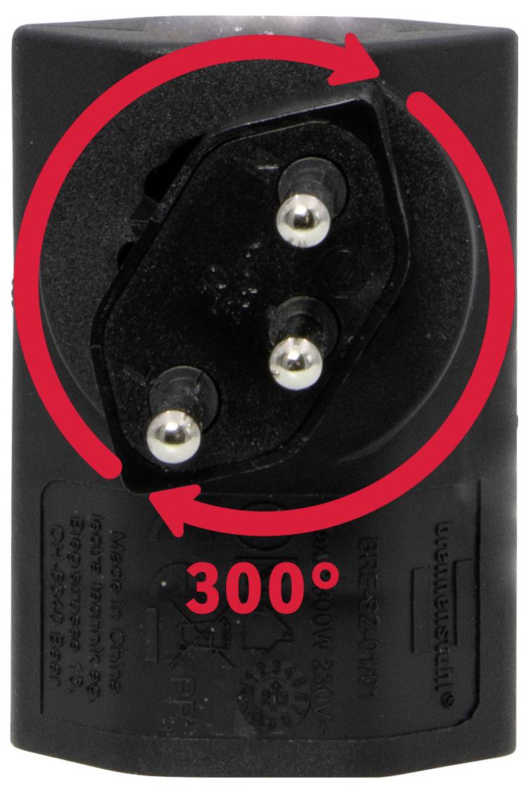 Un adaptateur de prise avec une partie rotative indique un angle de rotation de 300°. Trois broches métalliques sont visibles sur la face avant.