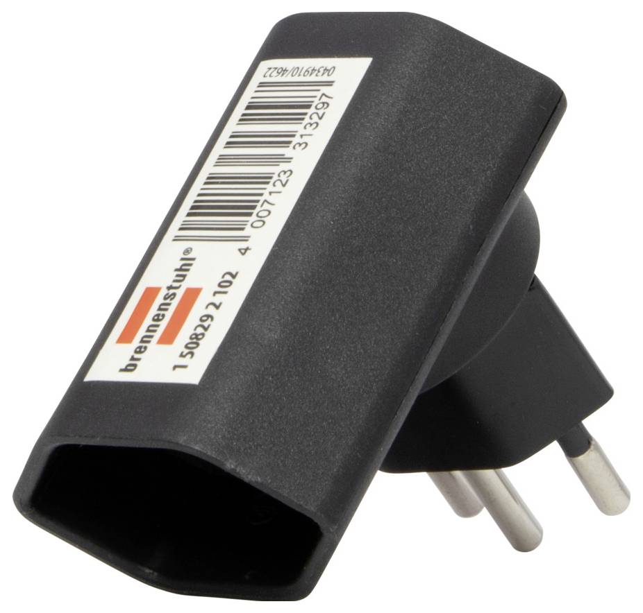 Adaptateur de voyage Schuko noir-gris avec prise Euro et une bande de code-barres sur le côté. Adapté pour une utilisation dans les prises électriques européennes.