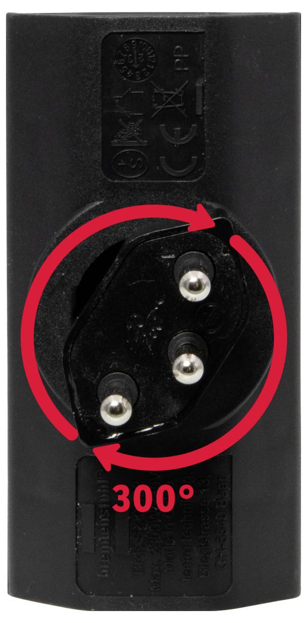 Appareil noir avec une fiche rotative, une flèche rouge indique une rotation de 300 degrés. Des symboles et des marquages sont visibles en haut.