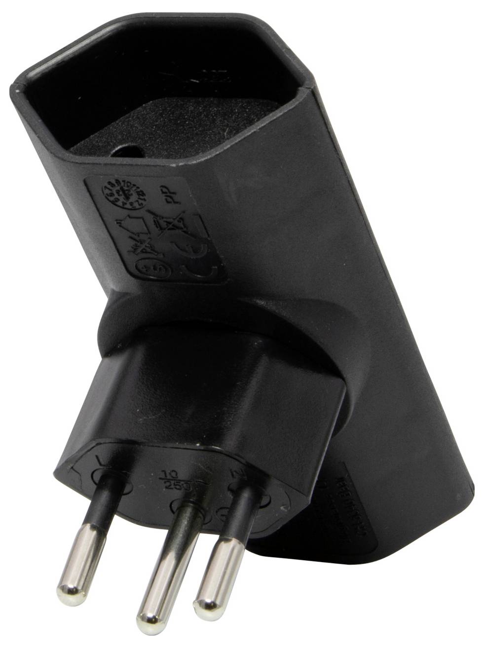 Adaptateur secteur noir avec design tripolaire, compatible avec les prises électriques européennes, adapté à la conversion des fiches d'appareils.