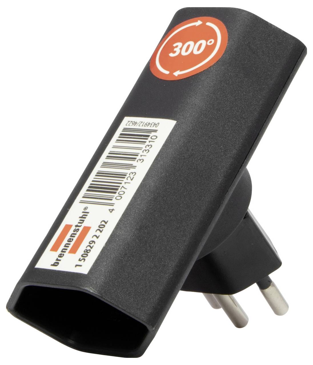 Adaptateur de prise noir avec autocollant '300°', deux entrées pour fiches européennes et un code-barres. Adapté aux prises tournantes.