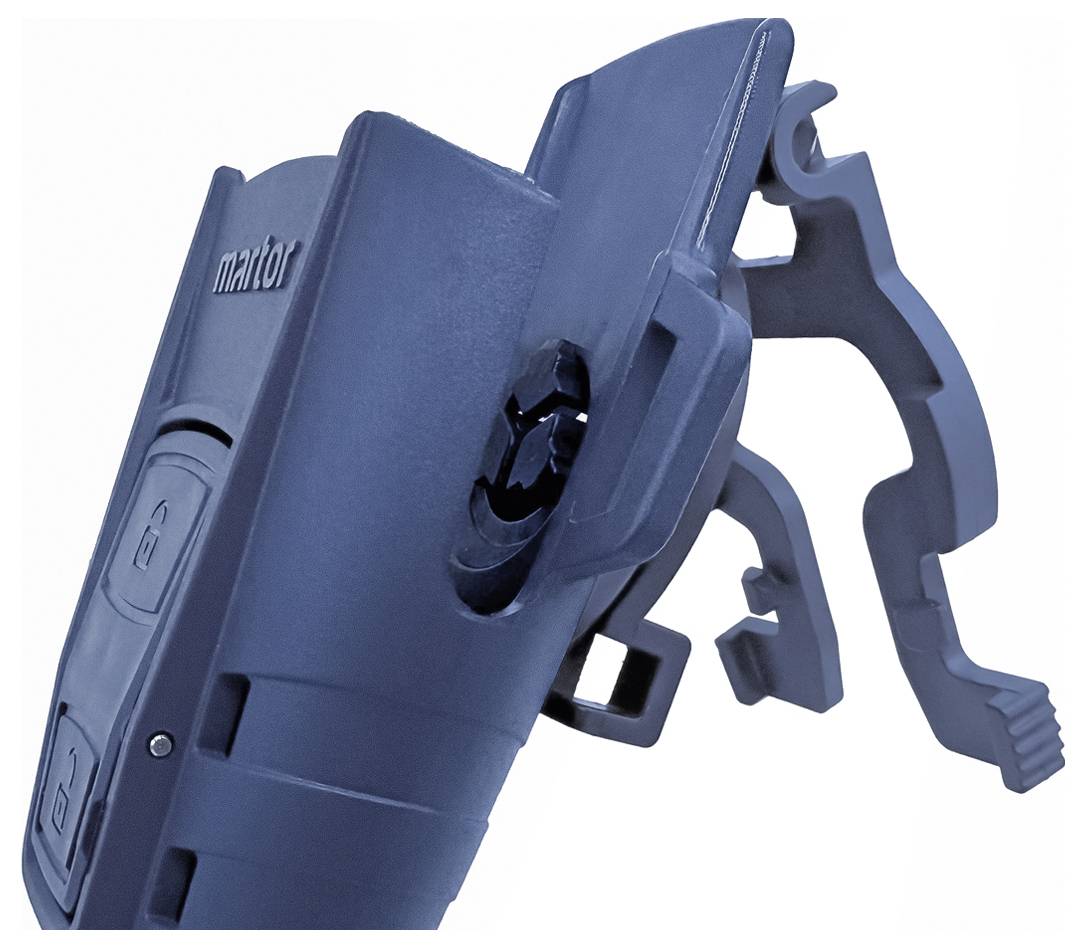 Coupe-carton de sécurité bleu avec protection de lame et poignée ergonomique, adapté pour couper des emballages ou du carton.