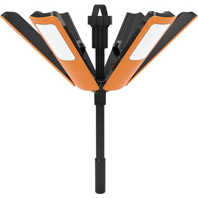 Un projecteur LED orange vif à quatre panneaux dépliables disposés autour d'un axe vertical noir central.