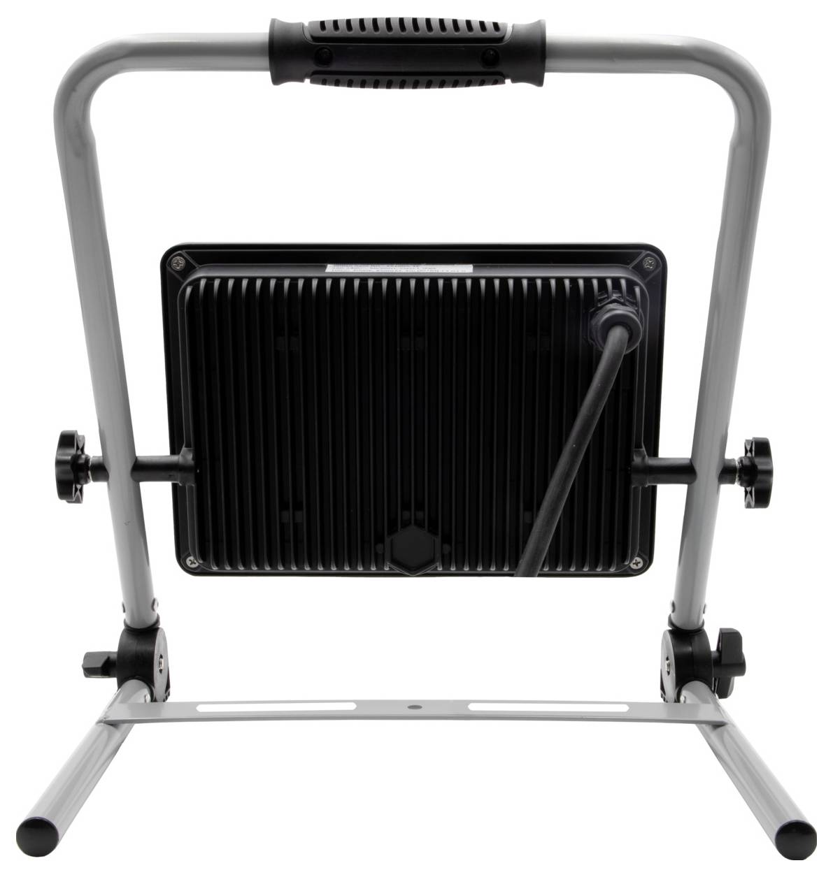 Un projecteur LED portable, posé sur un support métallique pliable, montre son dos avec un câble d'alimentation, adapté pour l'éclairage de chantier.