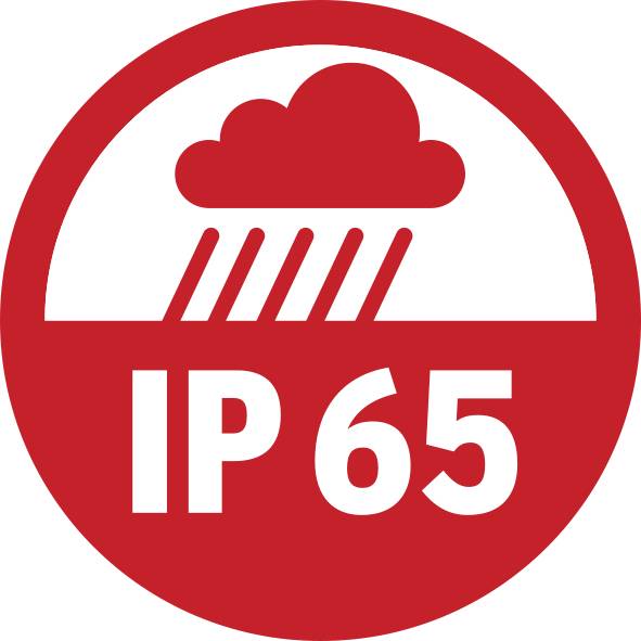 Symbole de protection IP65 : Protection contre la poussière et les jets d'eau.