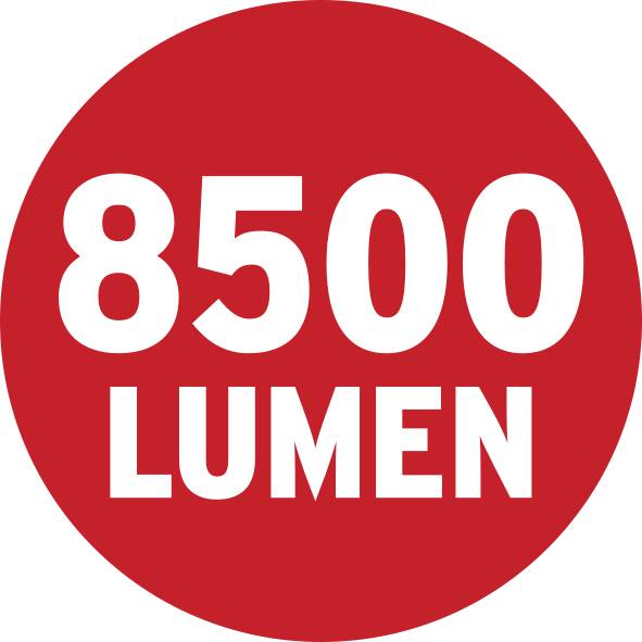 Cercle rouge avec l'inscription blanche '8500 Lumens'.