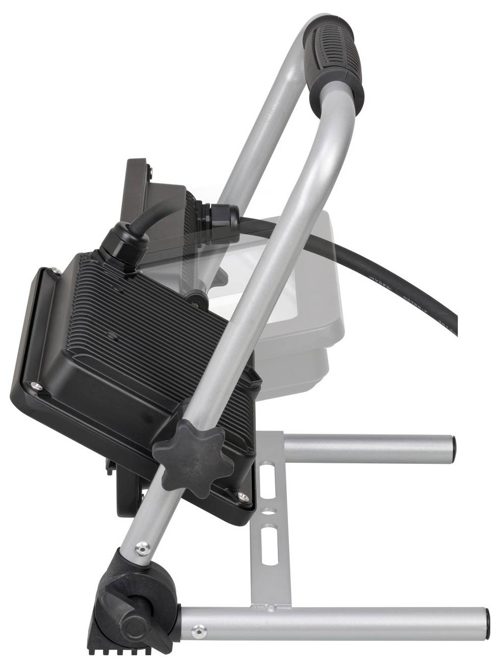 Un projecteur portable de chantier avec un châssis métallique robuste, adapté pour une utilisation sur des chantiers ou dans des ateliers.