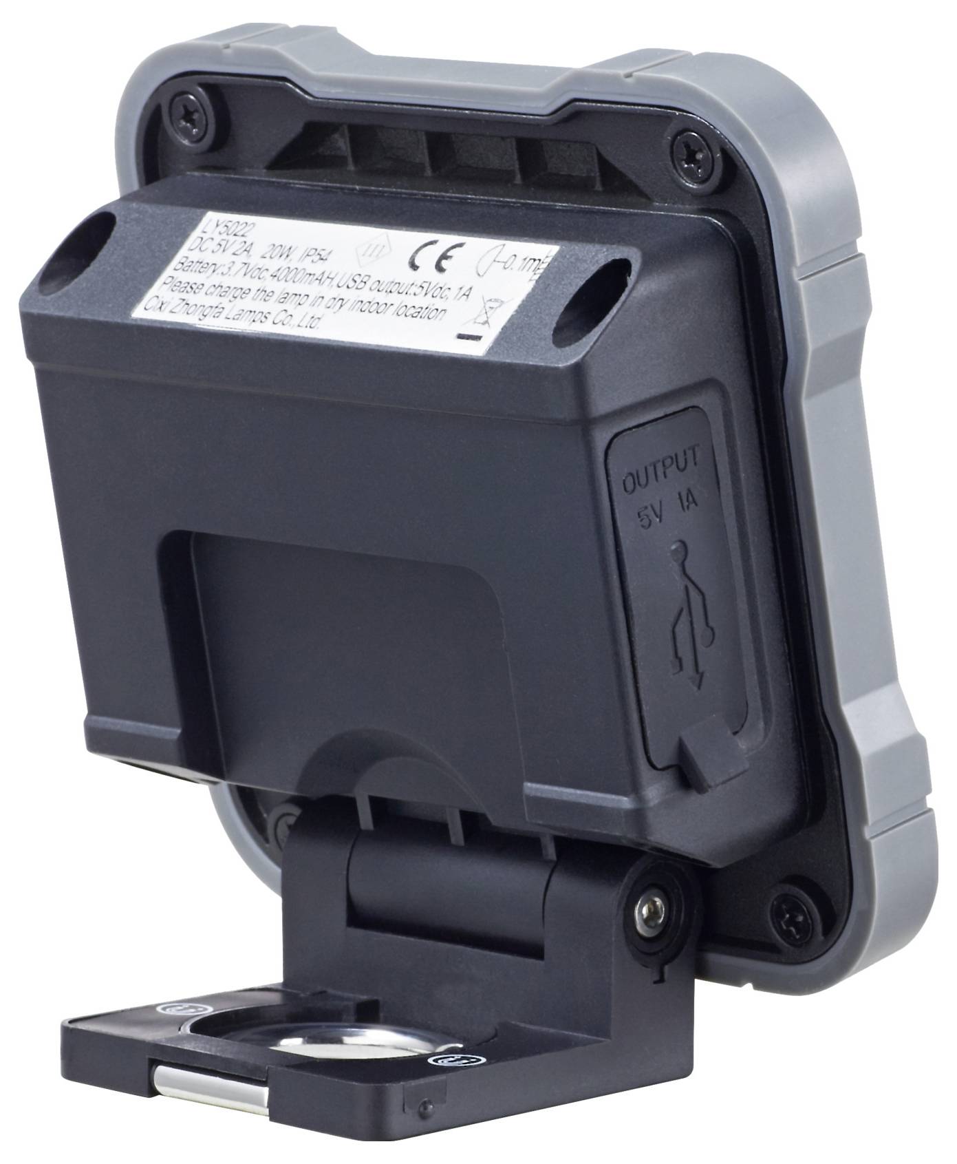 Projecteur LED compact et portable avec pied rabattable, sortie USB pour l'alimentation électrique, spécifications techniques au dos.