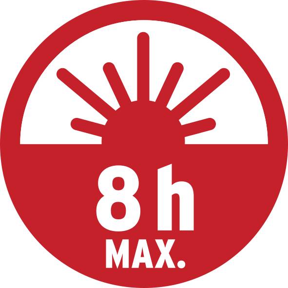 Symbole rouge avec un demi-soleil au-dessus ; en dessous est inscrit '8h MAX.', indiquant une exposition solaire maximale de 8 heures.