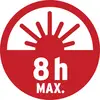 Symbole rouge avec un demi-soleil au-dessus ; en dessous est inscrit '8h MAX.', indiquant une exposition solaire maximale de 8 heures.