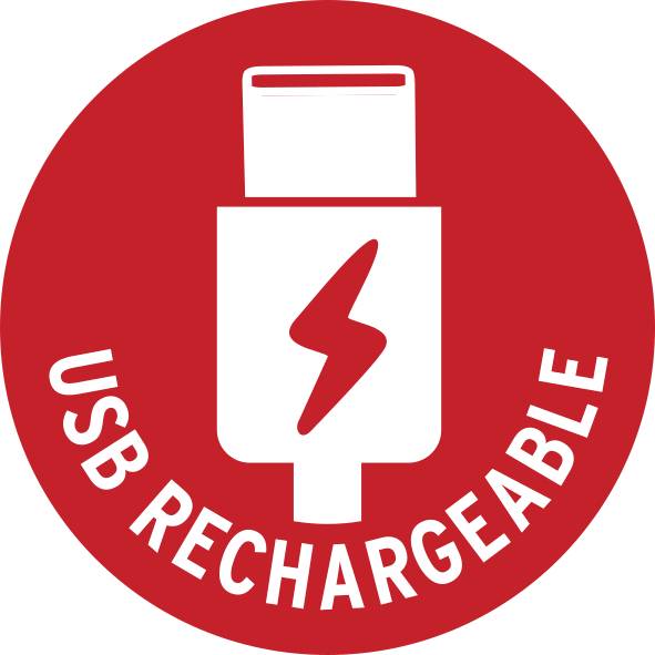 Symbole «Rechargeable via USB» en rouge. Le symbole représente une fiche USB avec un éclair, indiquant que l'appareil est rechargeable.