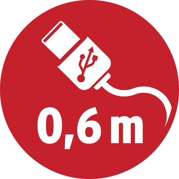 Symbole rouge avec câble USB et icône de prise, en dessous '0,6 m'.