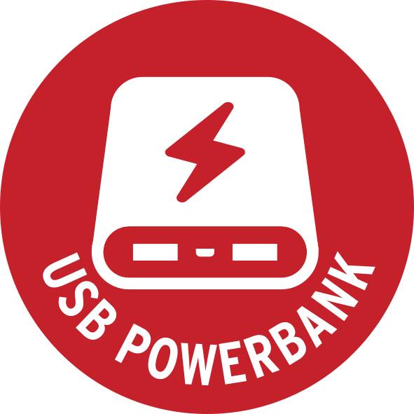Un cercle rouge avec un symbole blanc d'une batterie externe avec un symbole d'éclair. En dessous, le texte 'BATTERIE EXTERNE USB'.