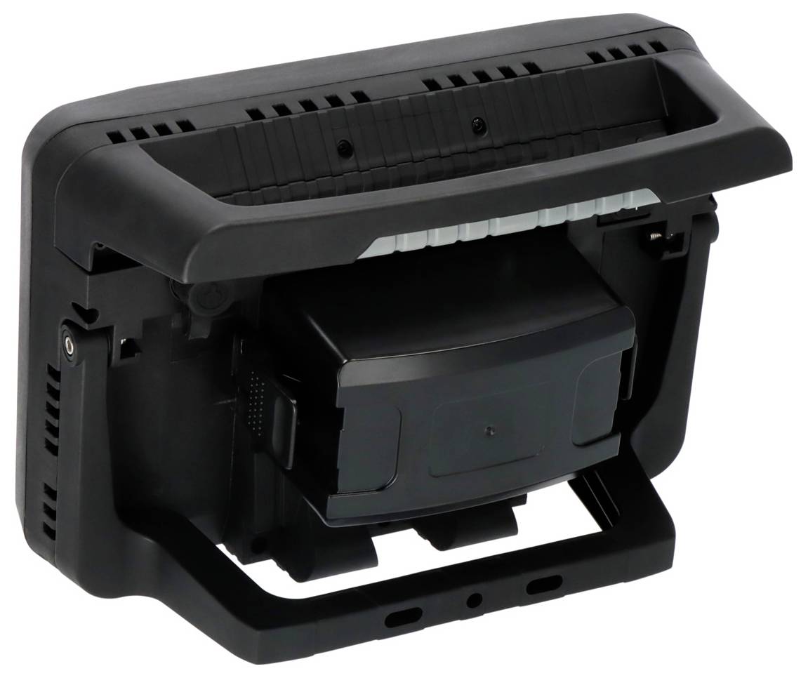 Un appareil électronique noir rectangulaire avec une zone de ventilation visible et des ports à l'arrière.