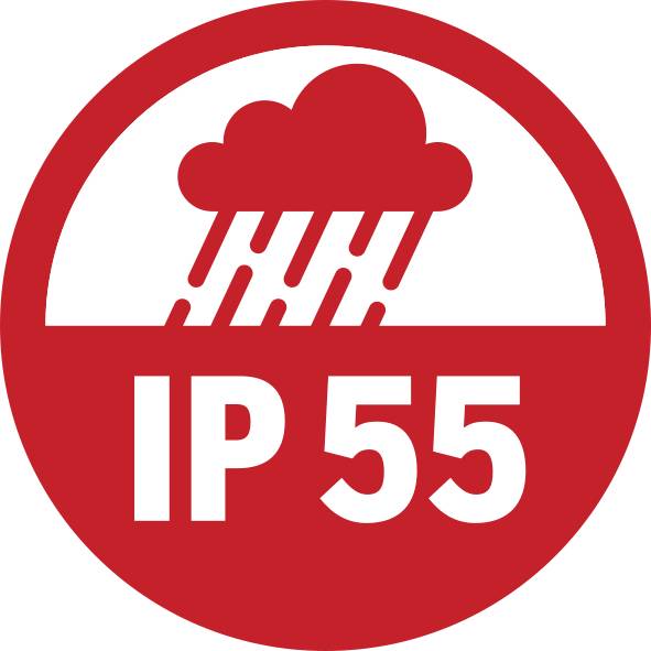 Symbole rouge avec un pictogramme de nuage et de pluie portant l'inscription 'IP 55', indiquant le degré de protection contre la poussière et l'eau pour les appareils.