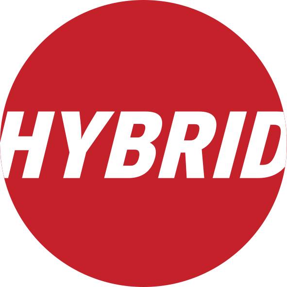 'Hybride' en lettres blanches sur un cercle rouge.