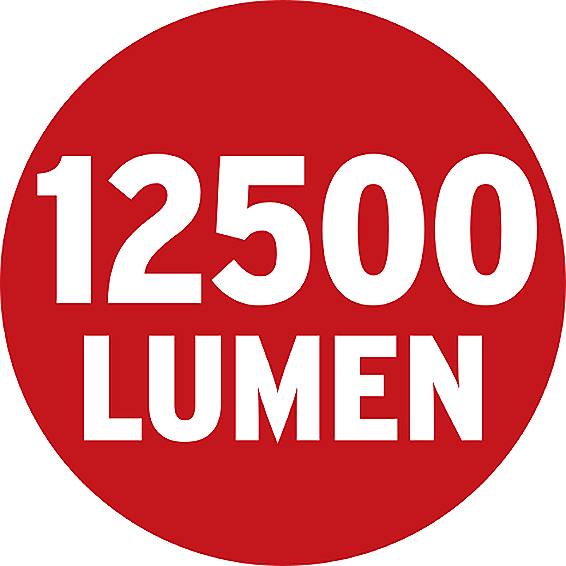 « 12500 LUMENS » est écrit en blanc sur un fond rouge.