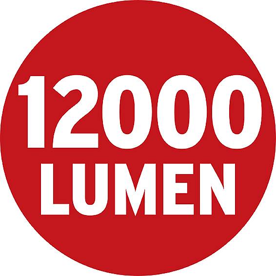 Cercle rouge avec texte blanc '12000 Lumens'.