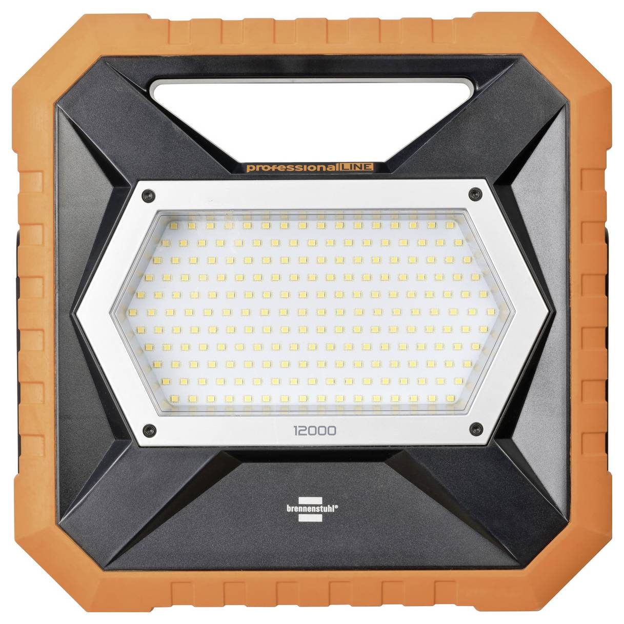 Projecteur LED rectangulaire avec centre lumineux hexagonal. Boîtier orange et noir, adapté aux applications professionnelles.