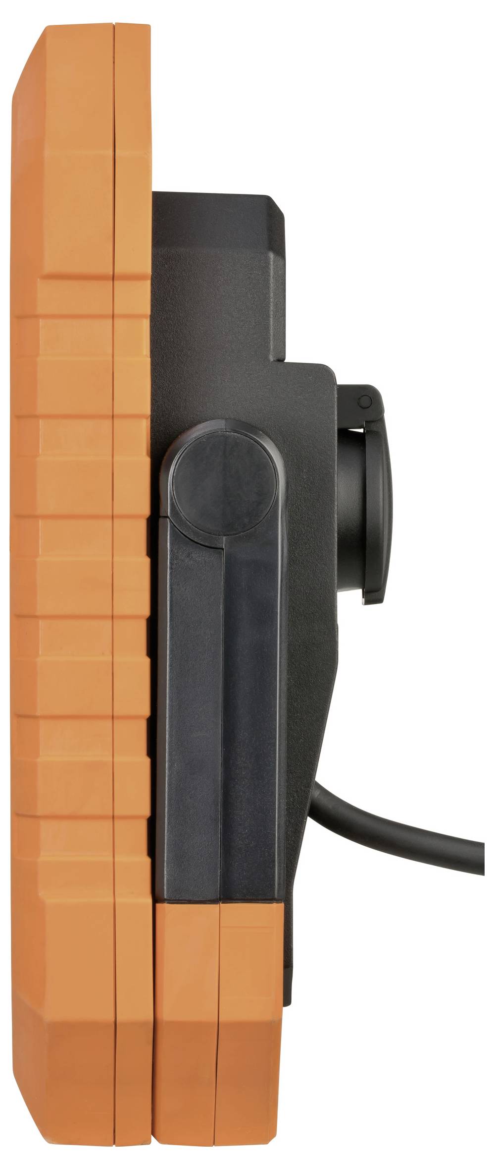 Vue latérale d'un appareil électronique portable aux couleurs orange et noir, avec connexion par câble.