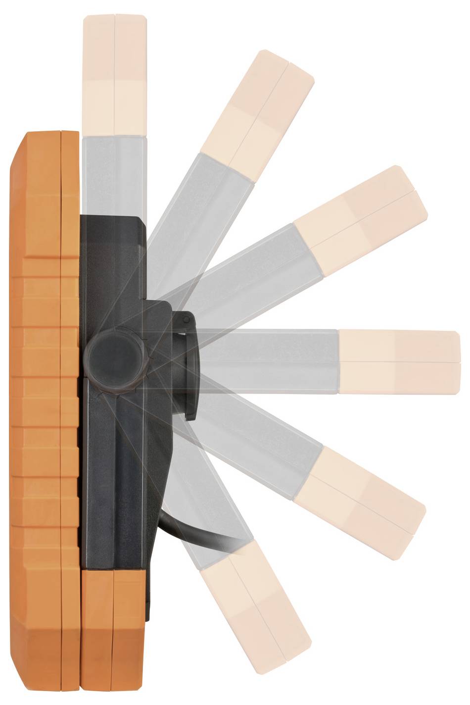 Un appareil orange vu de côté, avec un bras rotatif représentant différents angles d'inclinaison.