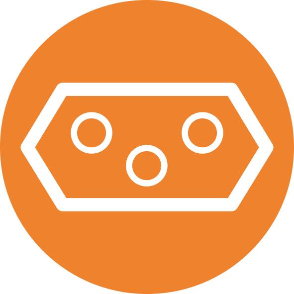 Symbole triangulaire avec trois cercles au centre sur un fond orange.