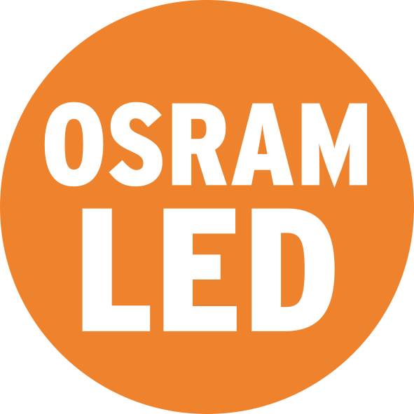 Logo 'OSRAM LED' en lettres blanches sur un cercle orange.