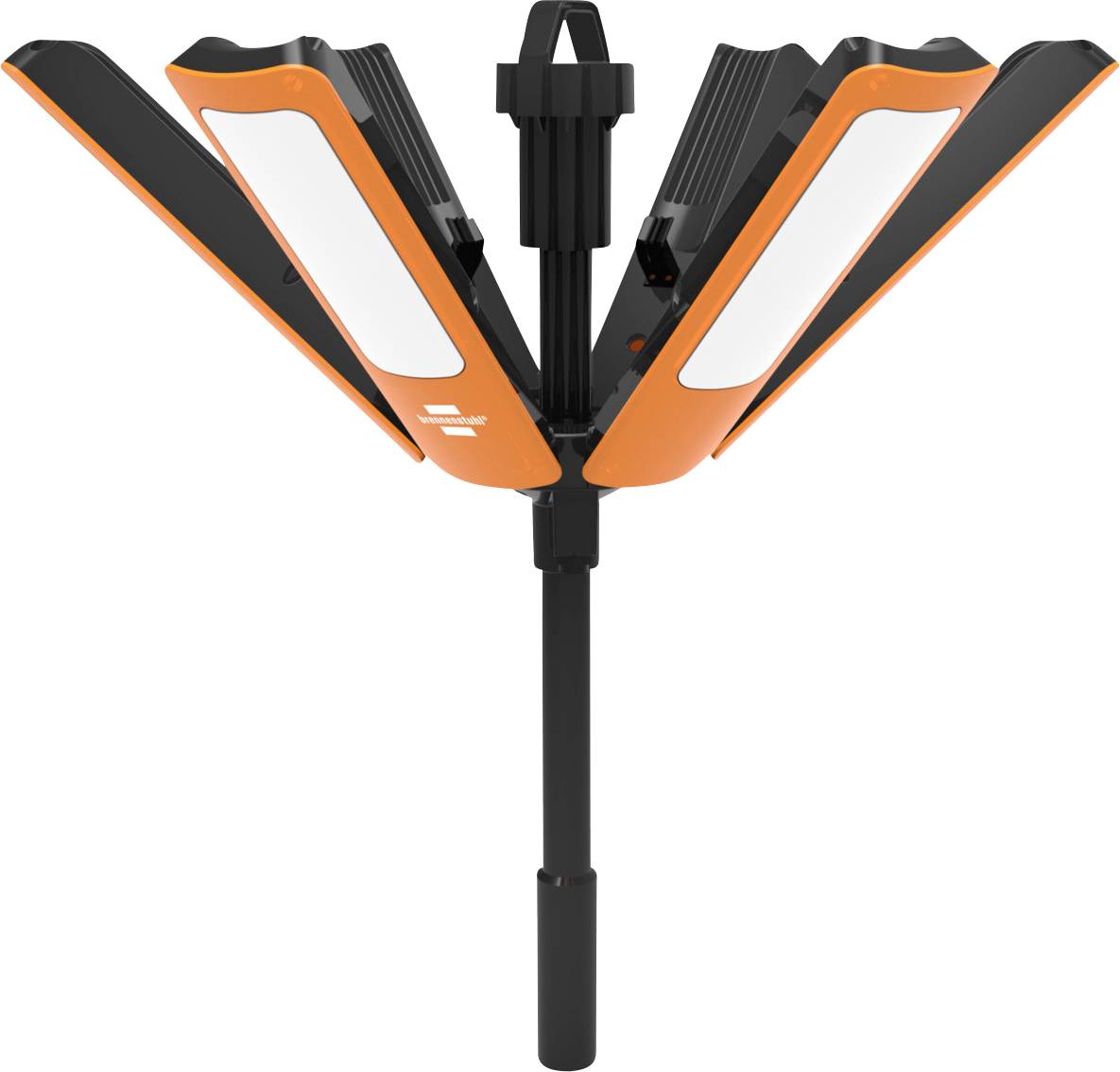 Lampadaire équipé de plusieurs panneaux LED orange économes en énergie, orientés dans toutes les directions. Design énergétiquement efficace.