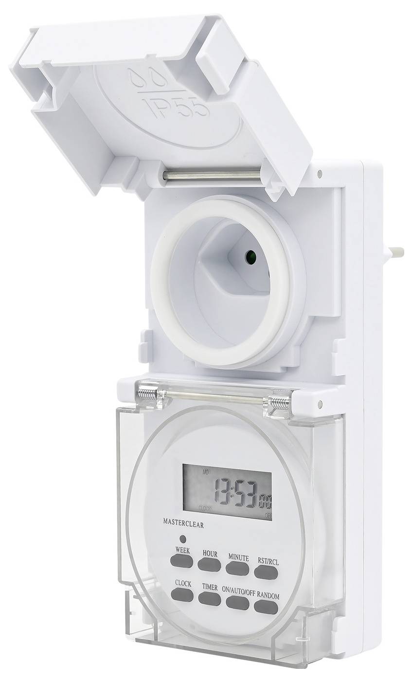 Programmateur numérique pour prise électrique avec écran LCD et couvercle, affichant l'heure '13:53'. Idéal pour le contrôle programmé des appareils.