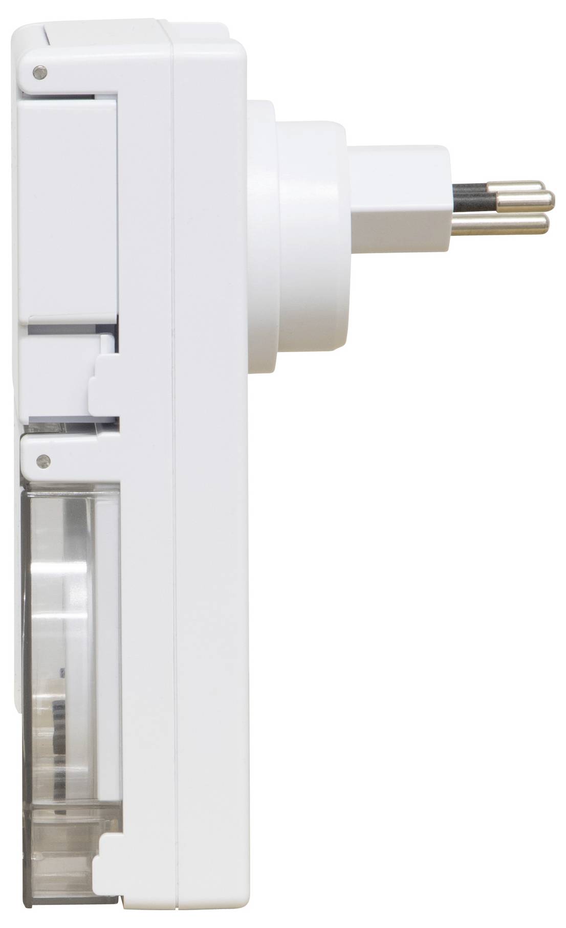 Vue latérale d'une prise électrique blanche avec interrupteur intégré, adaptée à une connexion sur une prise électrique européenne.