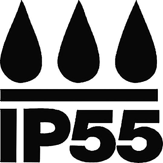 Symbole 'IP55', indique une protection contre la poussière en quantité nocive et une protection contre les projections d'eau de toutes directions.