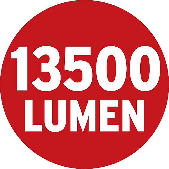 Cercle rouge avec l'inscription blanche '13500 Lumens'.