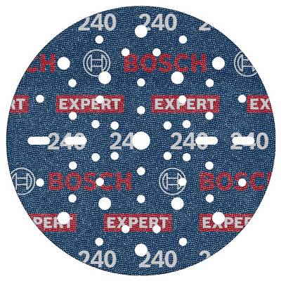 Disque de ponçage rond avec logo Bosch, de nombreux trous pour l'aspiration de la poussière, des chiffres imprimés '240' indiquant le grain, adapté aux machines.