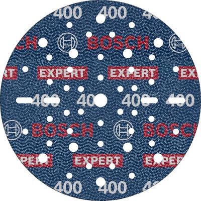 Disque de ponçage bleu portant l'inscription « BOSCH EXPERT 400 », doté de nombreux trous et d'un symbole de foret stylisé.
