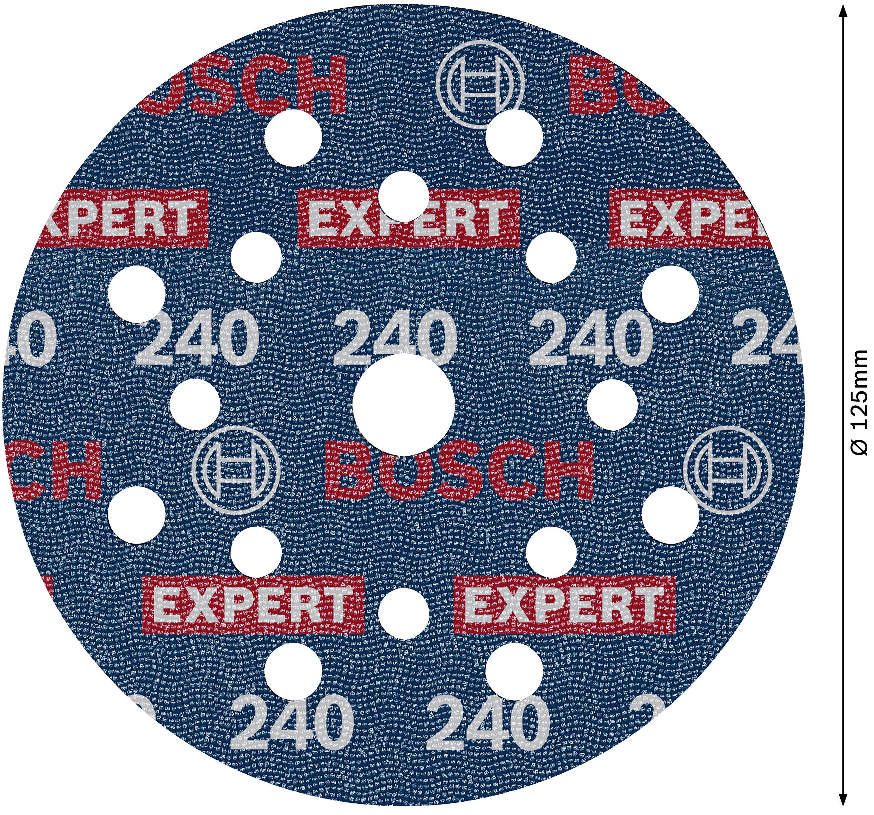 Un disque de papier de verre rond de couleur bleue avec plusieurs trous, portant l'inscription 'EXPERT 240 BOSCH'. Diamètre de 125 mm.